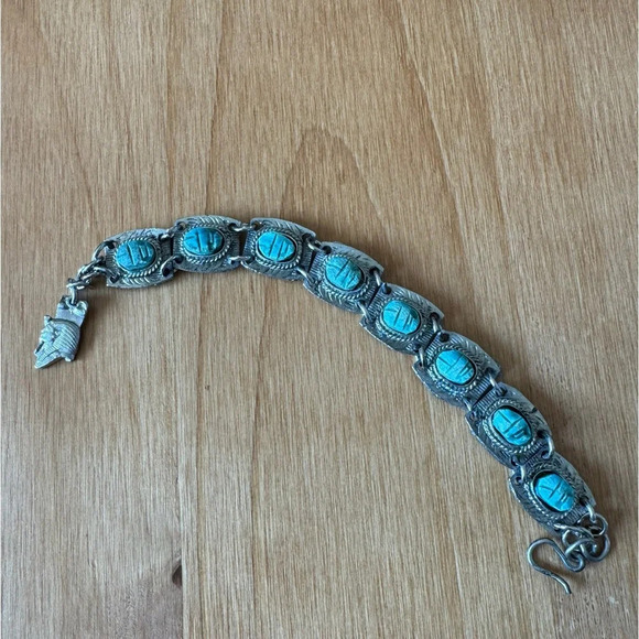 Vintage Egyptian Silver Turquoise Panel Bracelet - Picture 1 of 4